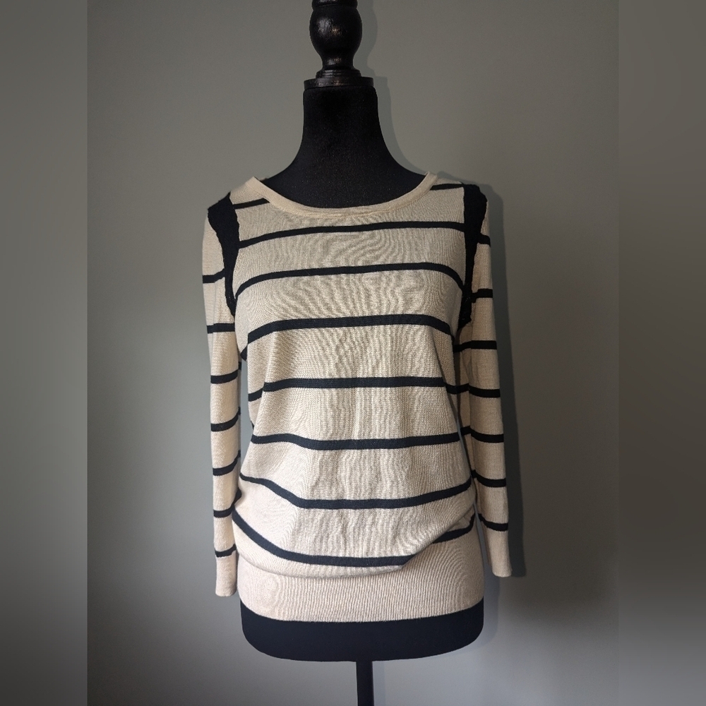 Loft Tan and Black Striped Blouse with Lace Detail